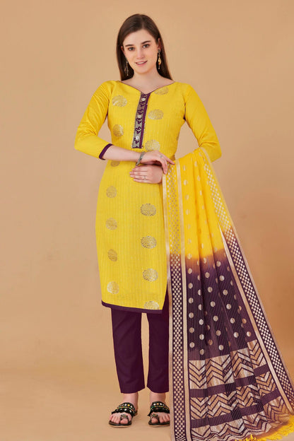 Yellow Colour Unstitched Cotton Jacquard Straight Suit