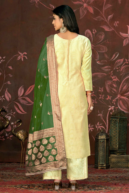 Yellow Colour Unstitched Cotton Jacquard Straight Suit