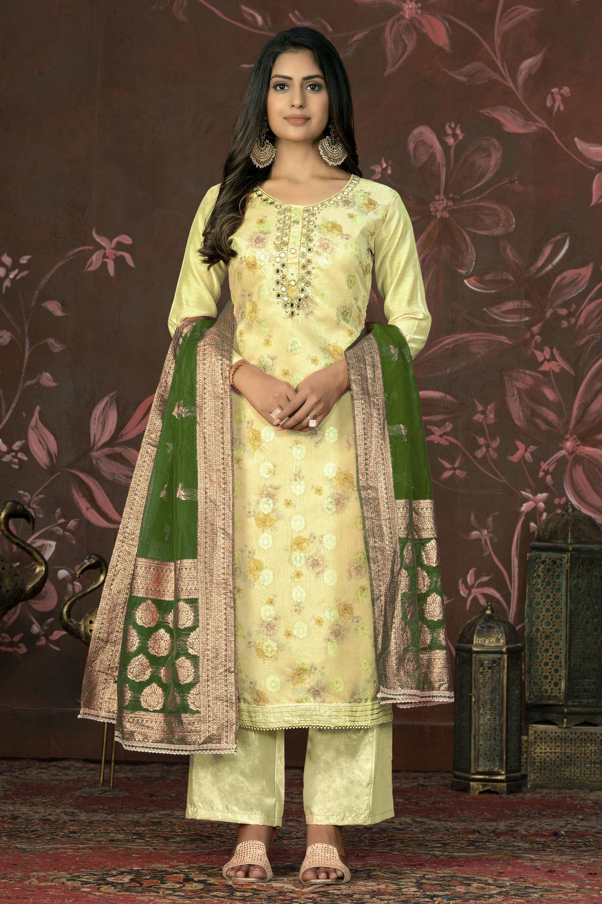 Yellow Colour Unstitched Cotton Jacquard Straight Suit