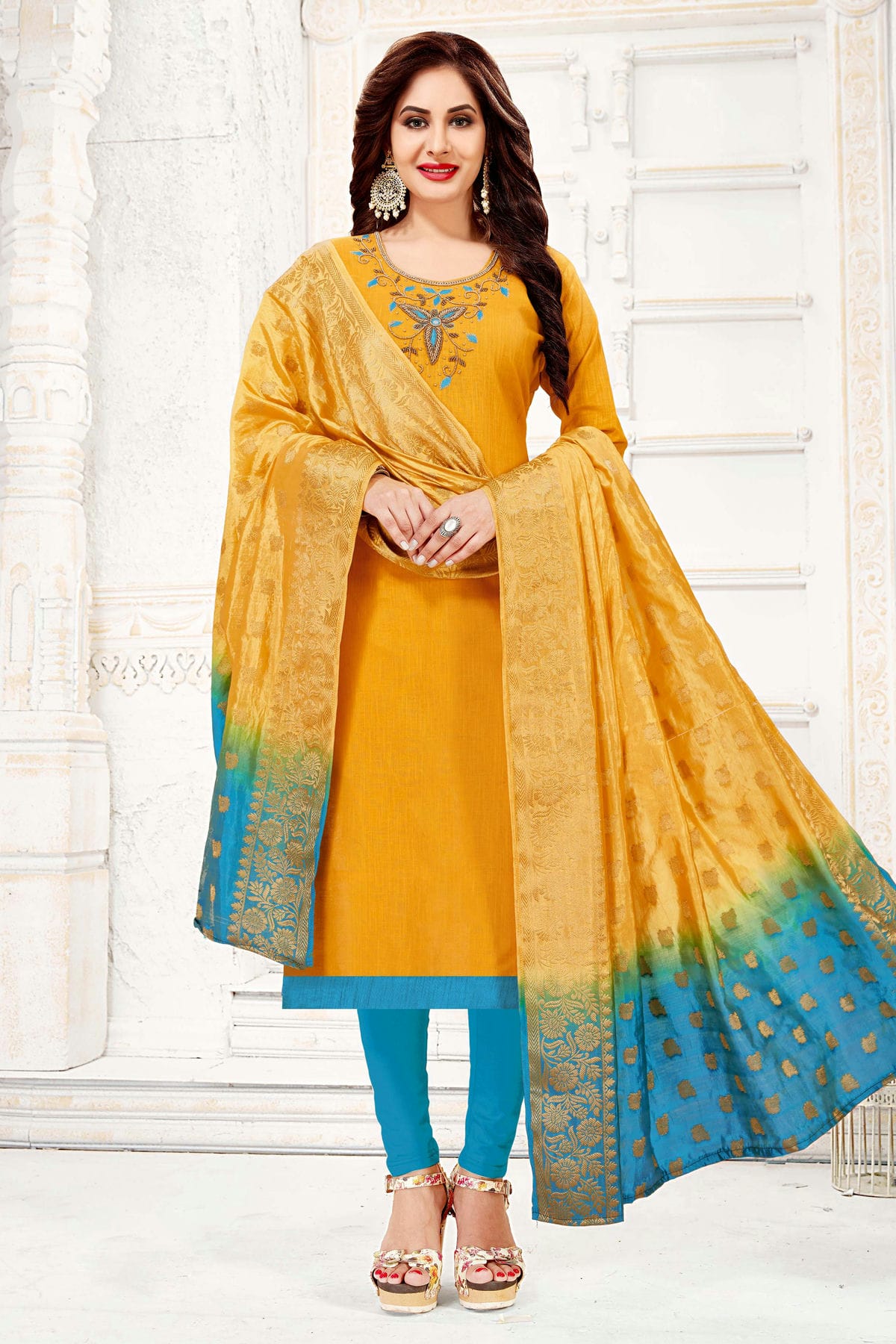 Yellow Colour Unstitched Cotton South Slub Churidar Suit