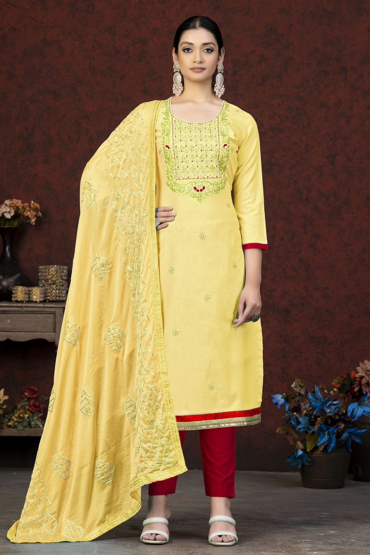 Yellow Colour Unstitched Glass Cotton Fabric Straight Suit