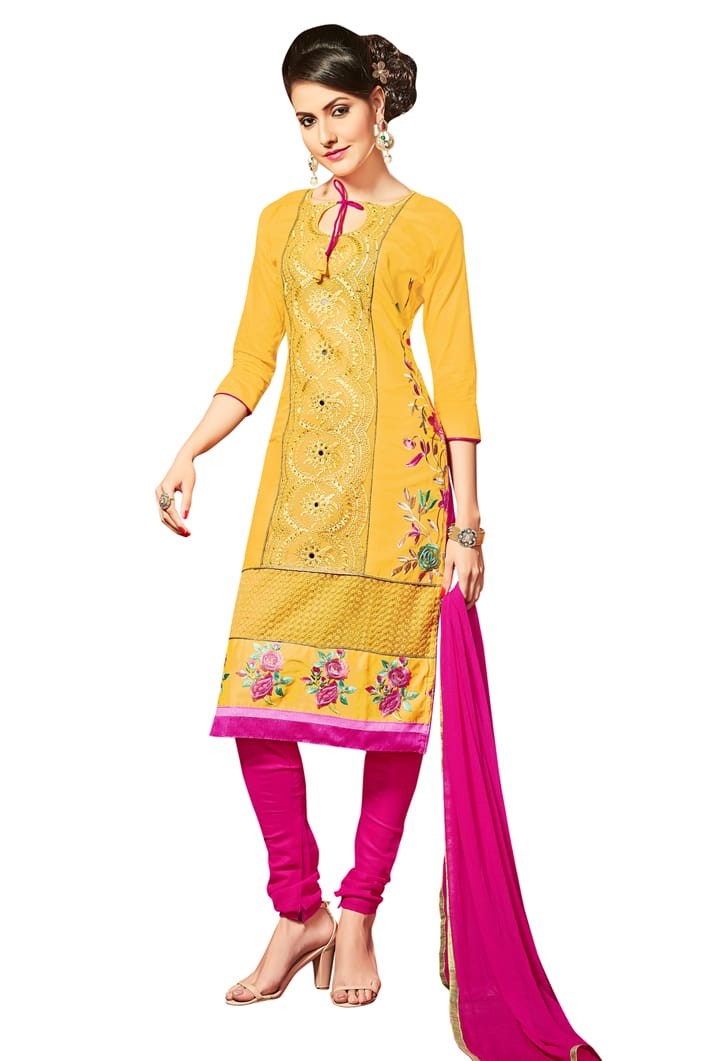 Yellow Colour Unstitched Glaze Cotton Churidar Suit