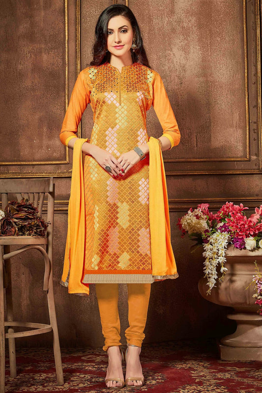 Yellow Colour Unstitched Glaze Cotton Churidar Suit