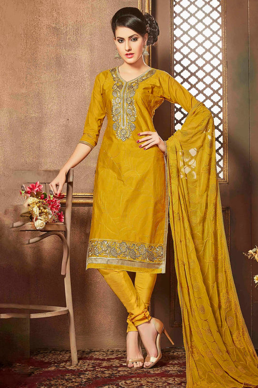 Yellow Colour Unstitched Glaze Cotton Churidar Suit