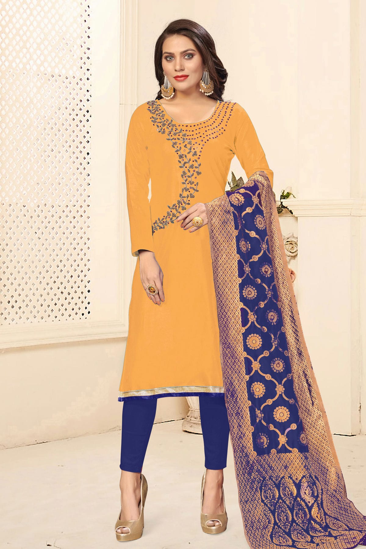 Yellow Colour Unstitched Jaam Cotton Fabric Straight Suit