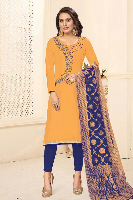 Yellow Colour Unstitched Jaam Cotton Fabric Straight Suit