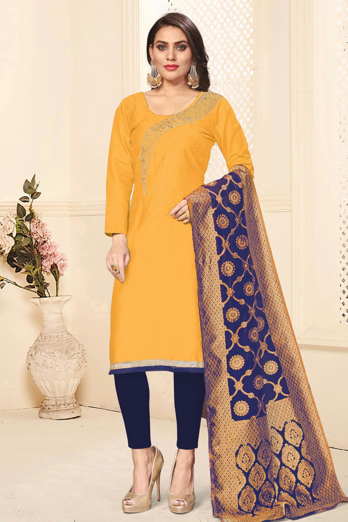 Yellow Colour Unstitched Jaam Cotton Fabric Straight Suit