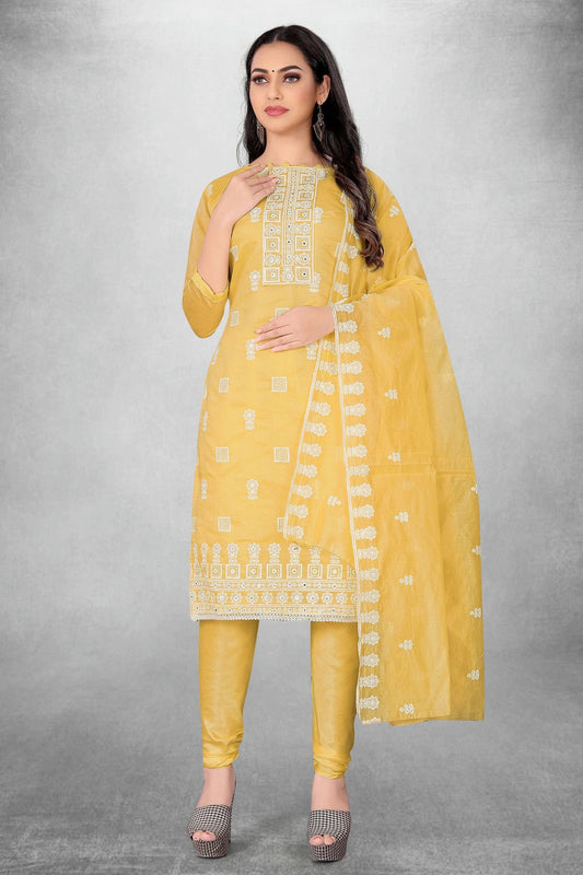 Yellow Colour Unstitched Modal Chanderi Churidar Suit