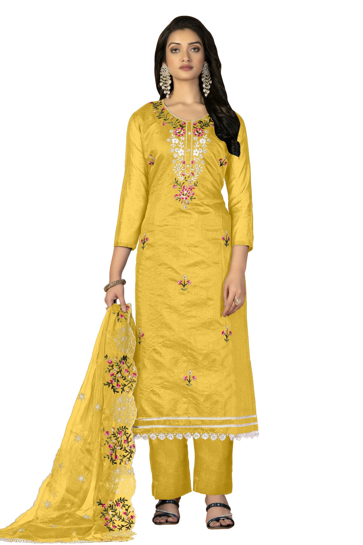 Yellow Colour Unstitched Modal Chanderi Fabric Straight Suit