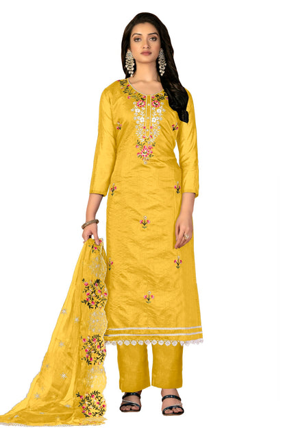 Yellow Colour Unstitched Modal Chanderi Fabric Straight Suit