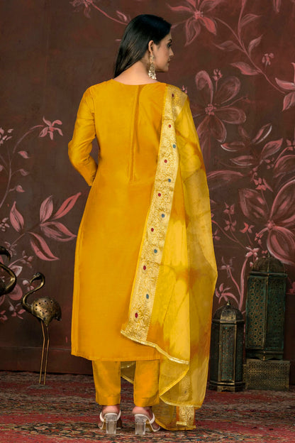 Yellow Colour Unstitched Modal Cotton Jacquard Pant Style Suit