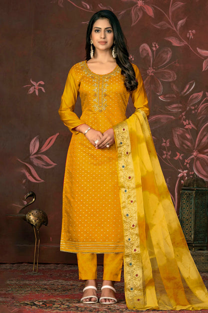 Yellow Colour Unstitched Modal Cotton Jacquard Pant Style Suit