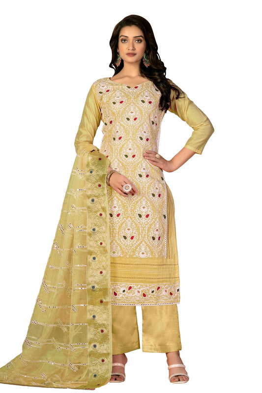 Yellow Colour Unstitched Modal Silk Fabric Straight Suit