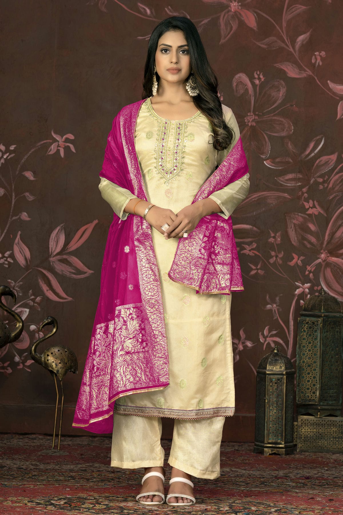 Yellow Colour Unstitched Organza Jacquard Straight Suit