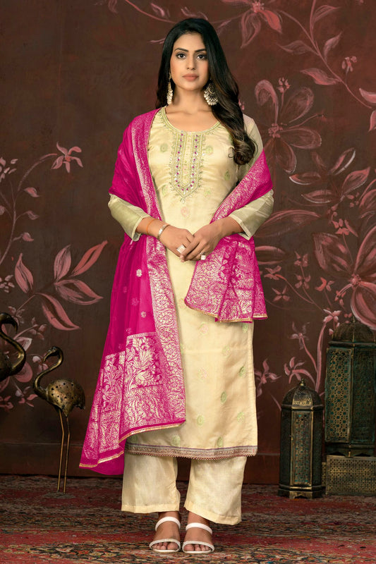 Yellow Colour Unstitched Organza Jacquard Straight Suit