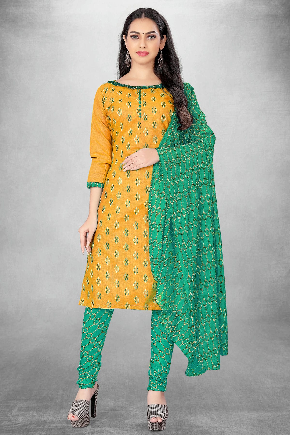 Yellow Colour Unstitched Slub Cotton Churidar Suit