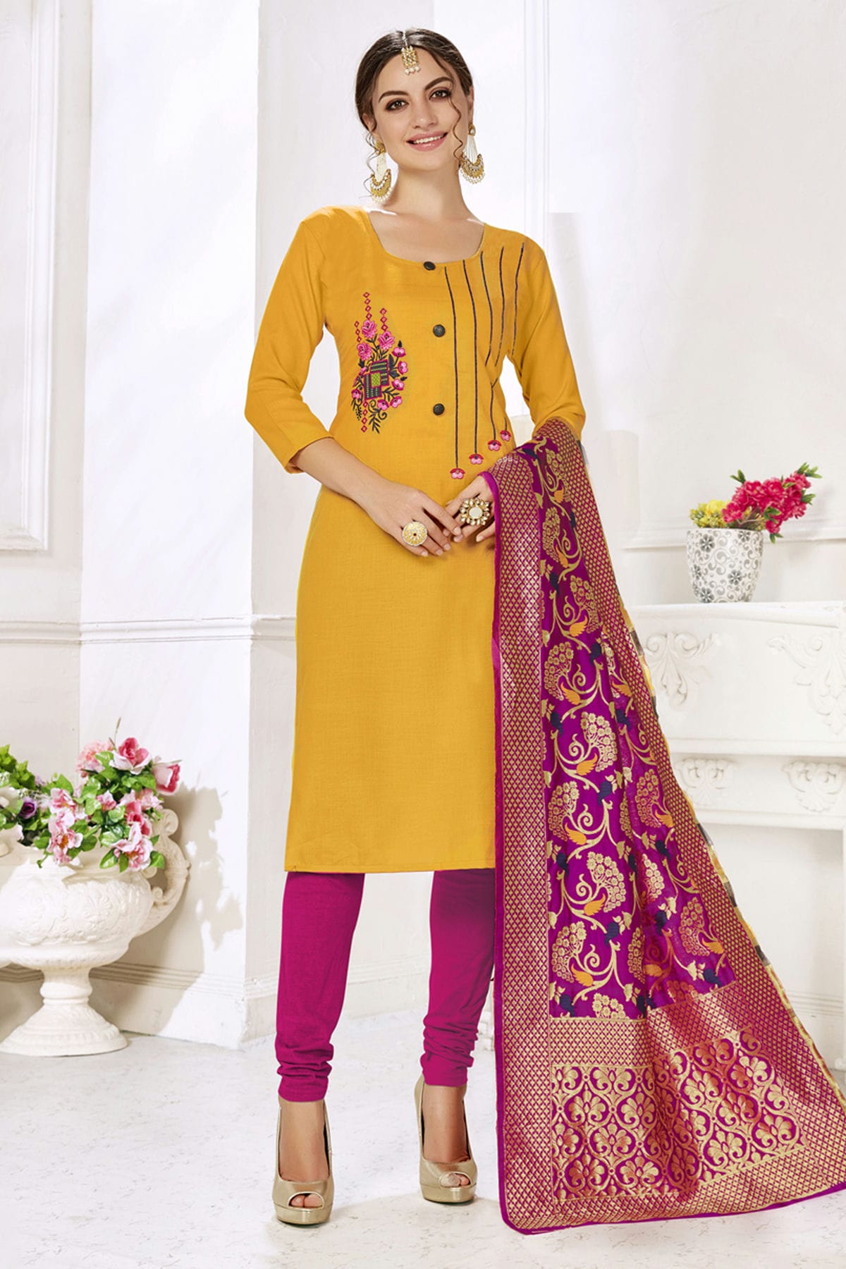 Yellow Colour Unstitched Slub Cotton Churidar Suit