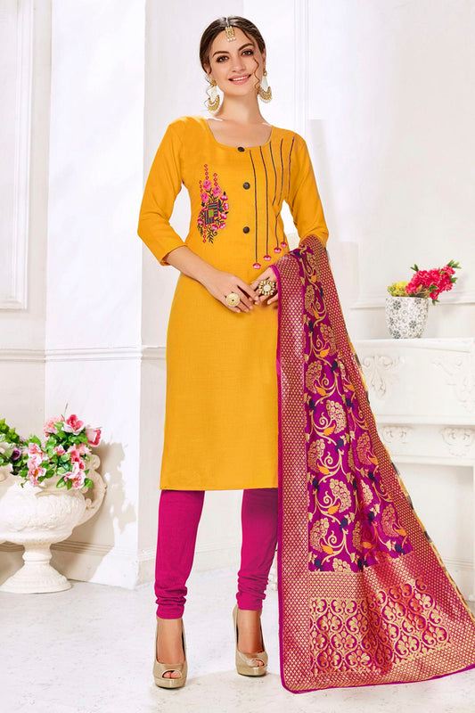 Yellow Colour Unstitched Slub Cotton Churidar Suit