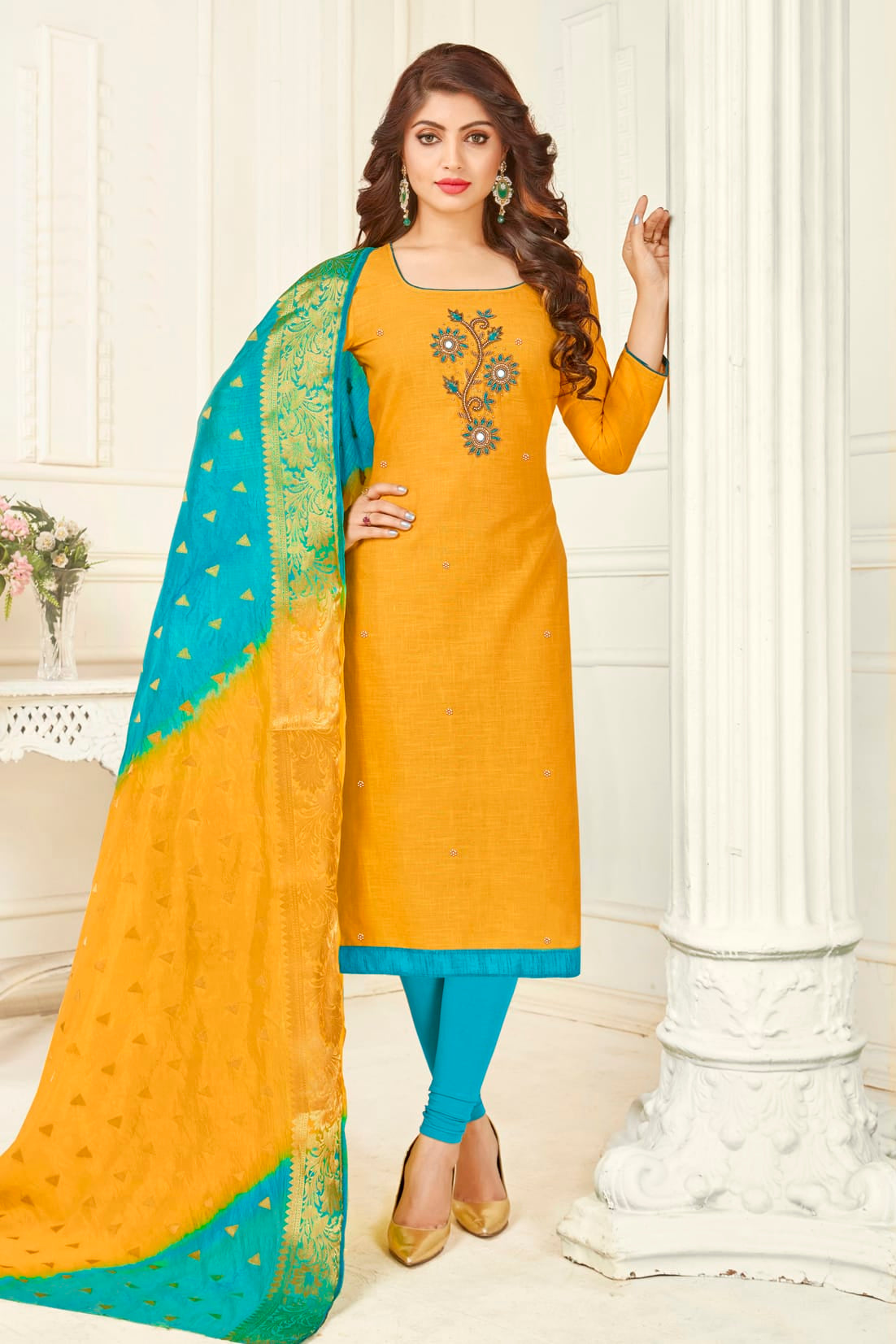 Yellow Colour Unstitched South Slub Cotton Straight Suit