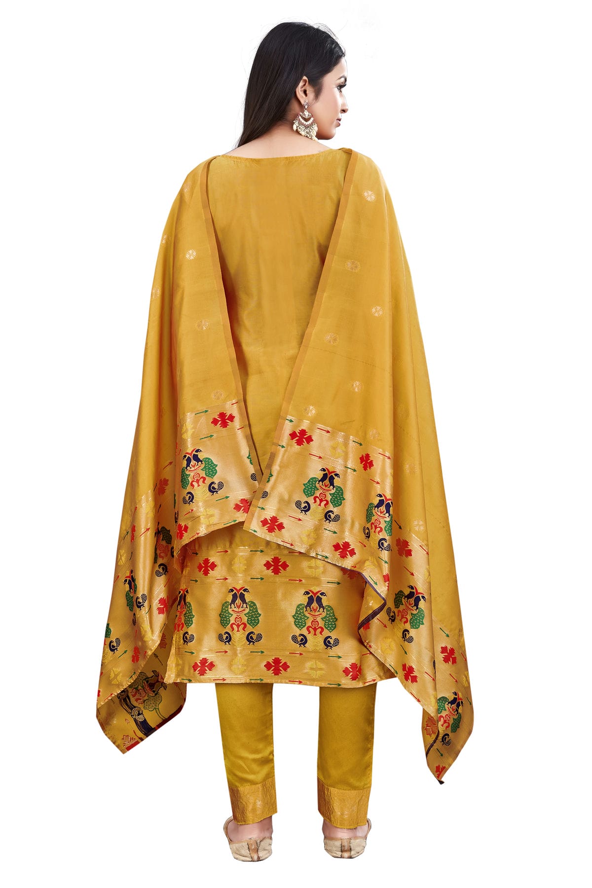 Yellow Colour Unstitched Taffeta Silk Fabric Straight Suit