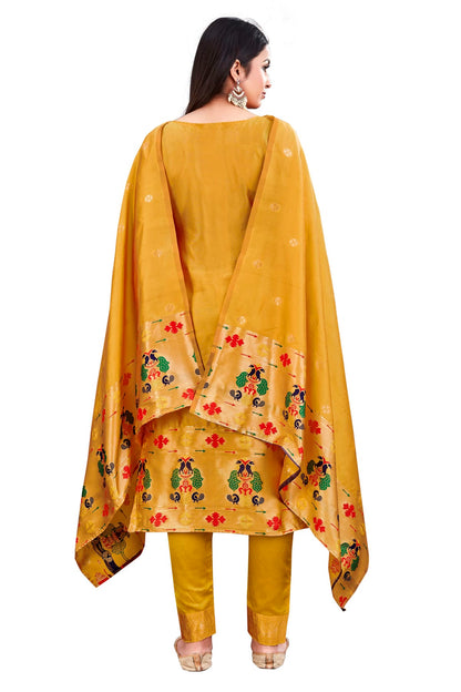 Yellow Colour Unstitched Taffeta Silk Fabric Straight Suit