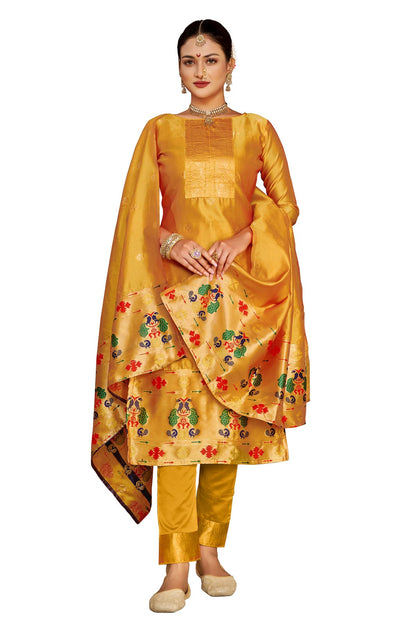 Yellow Colour Unstitched Taffeta Silk Fabric Straight Suit