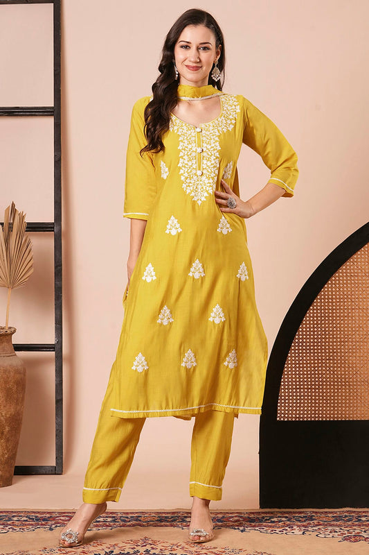 Yellow Colour Viscose Chanderi Stitched Salwar Suit