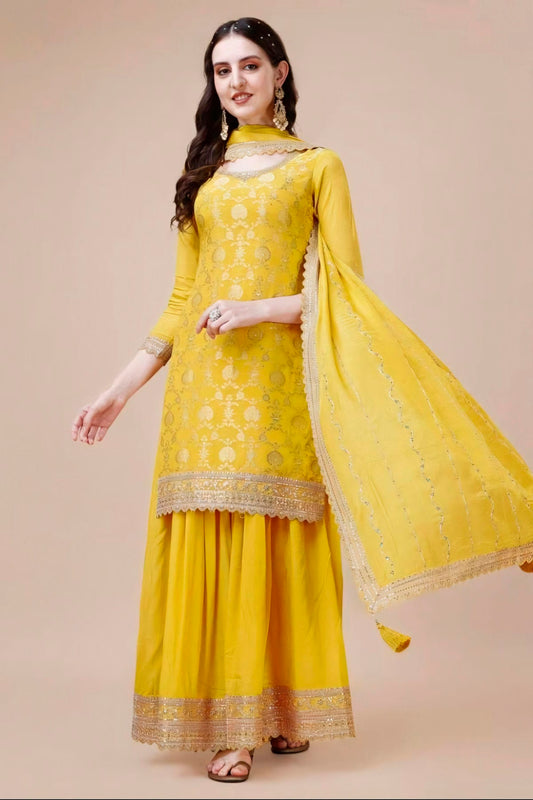 Yellow Colour Viscose Chinon Sharara Suit