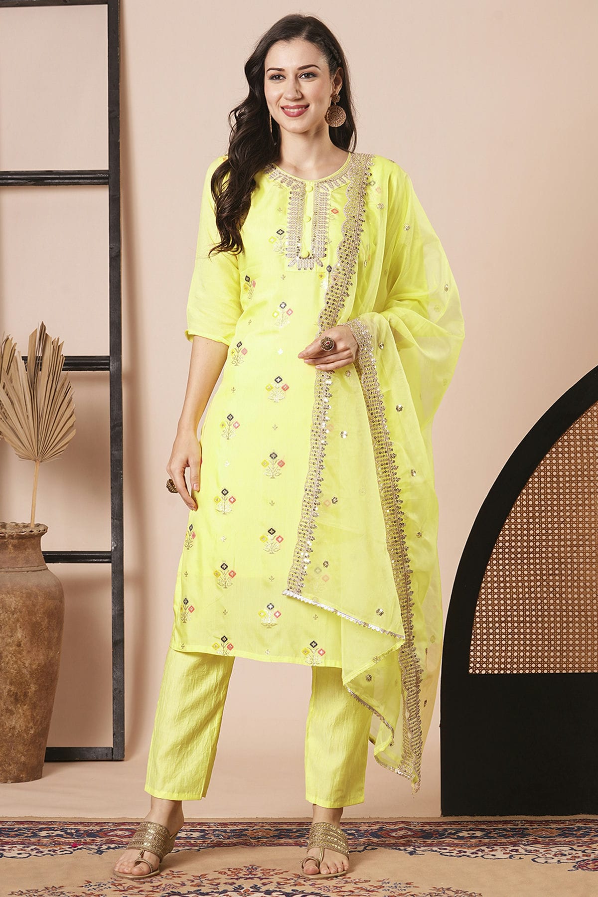 Yellow Colour Viscose Jacquard Stitched Salwar Suit