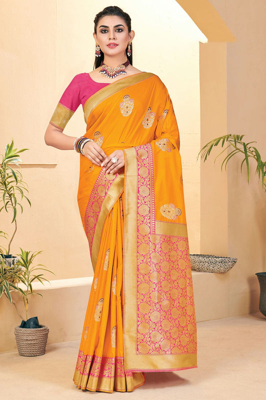 Yellow Colour Woven Work Banarasi Silk Saree