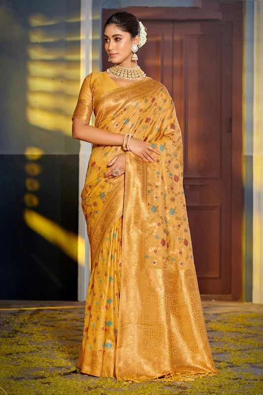 Yellow Colour Woven Work Banarasi Silk Saree