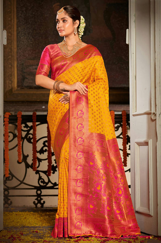 Yellow Colour Woven Work Banarasi Silk Saree