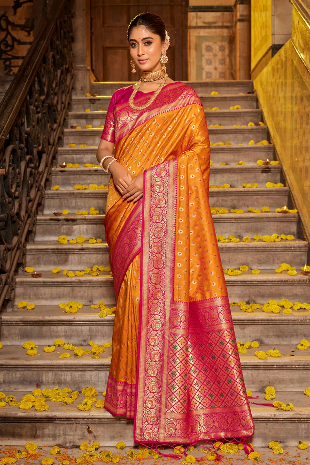 Yellow Colour Woven Work Banarasi Silk Saree