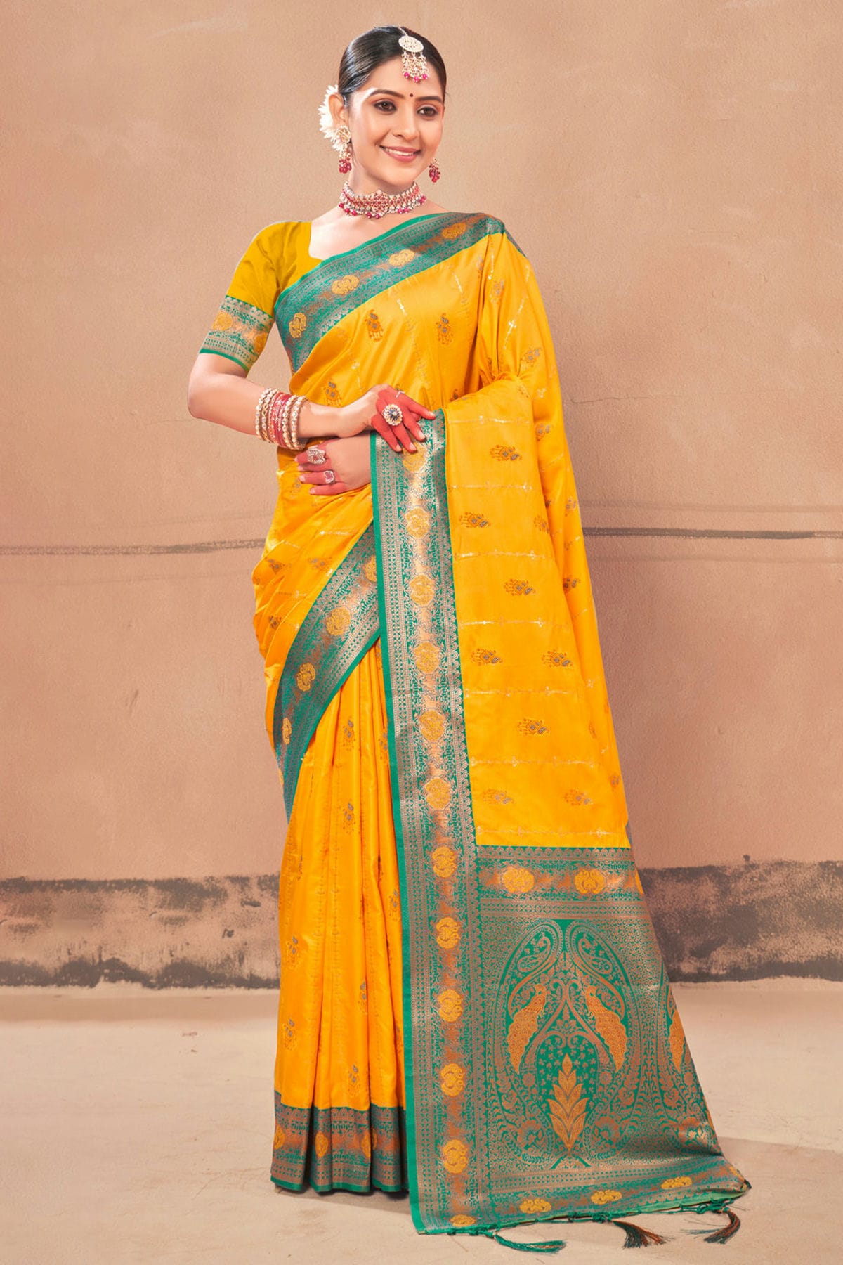 Yellow Colour Woven Work Banarasi Silk Saree