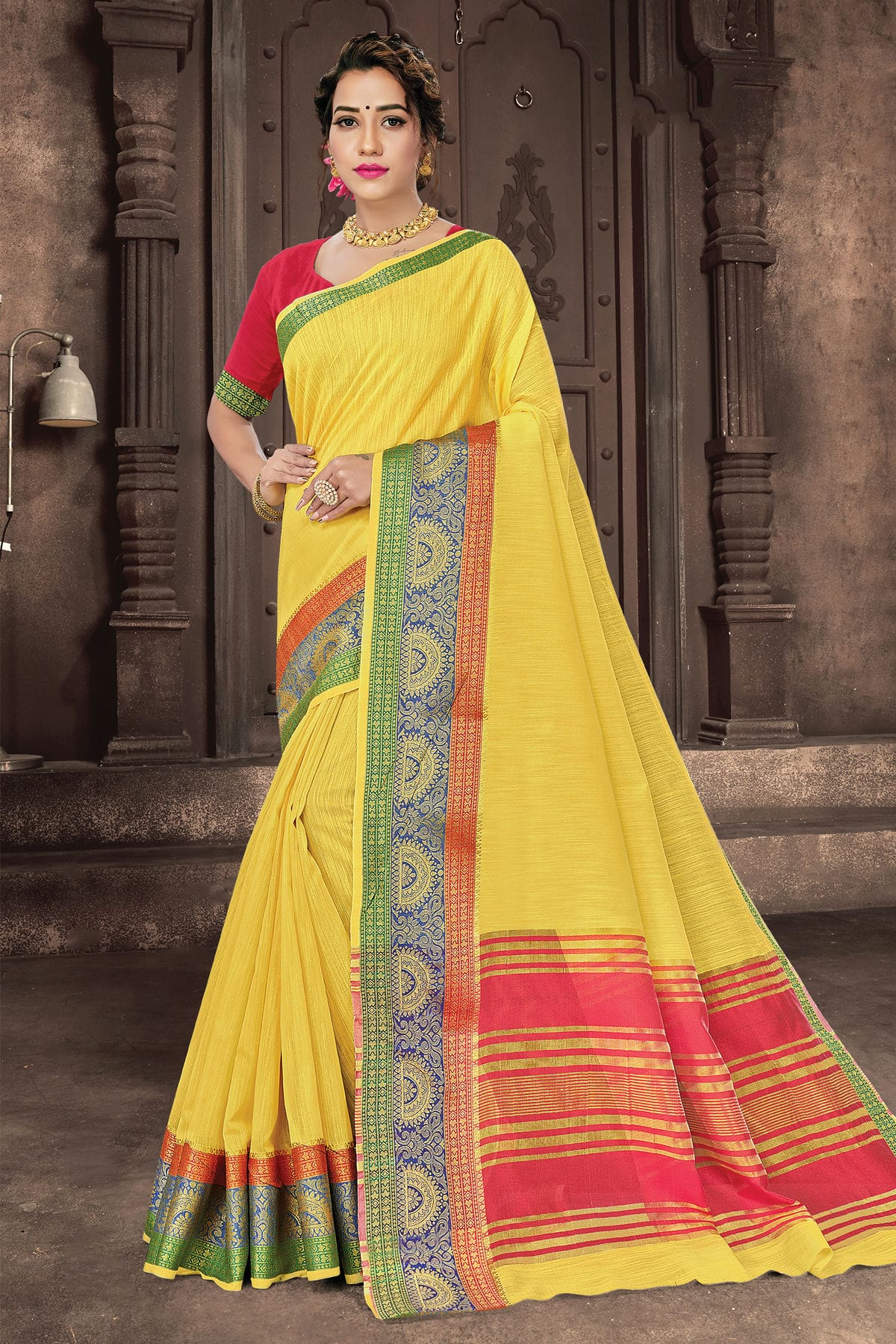 Yellow Colour Woven Work Cotton Handloom Saree