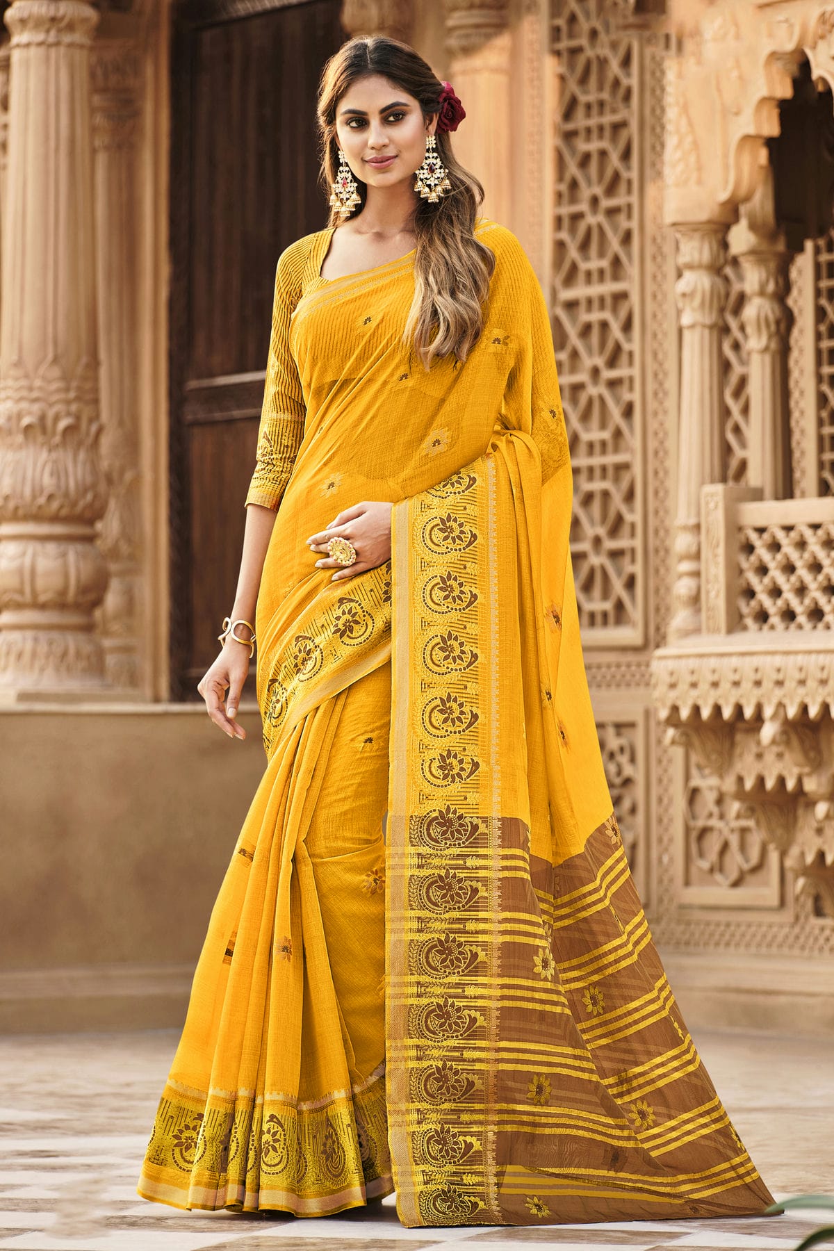 Yellow Colour Woven Work Cotton Saree