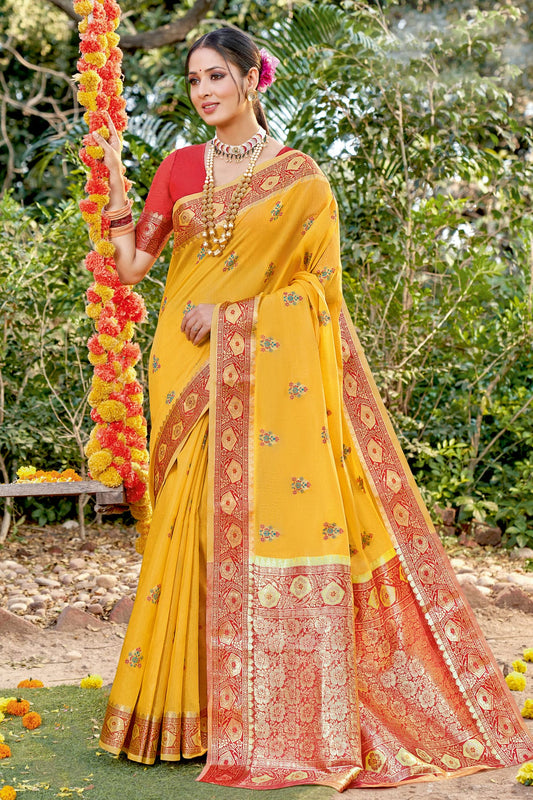 Yellow Colour Woven Work Cotton Saree