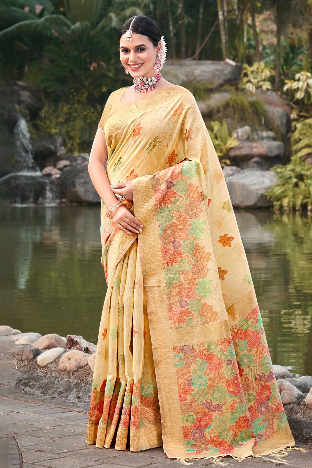 Yellow Colour Woven Work Cotton Saree