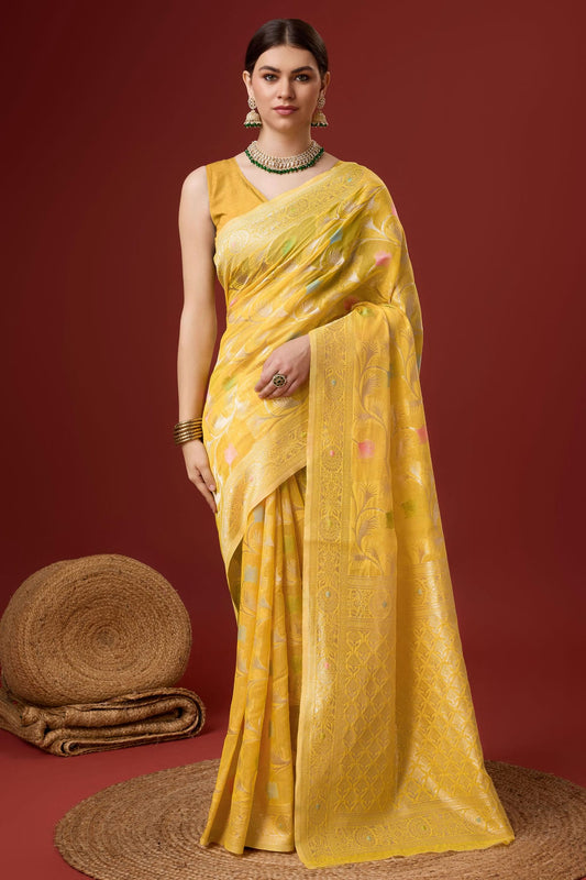 Yellow Colour Woven Work Cotton Saree