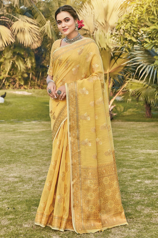 Yellow Colour Woven Work Linen Saree