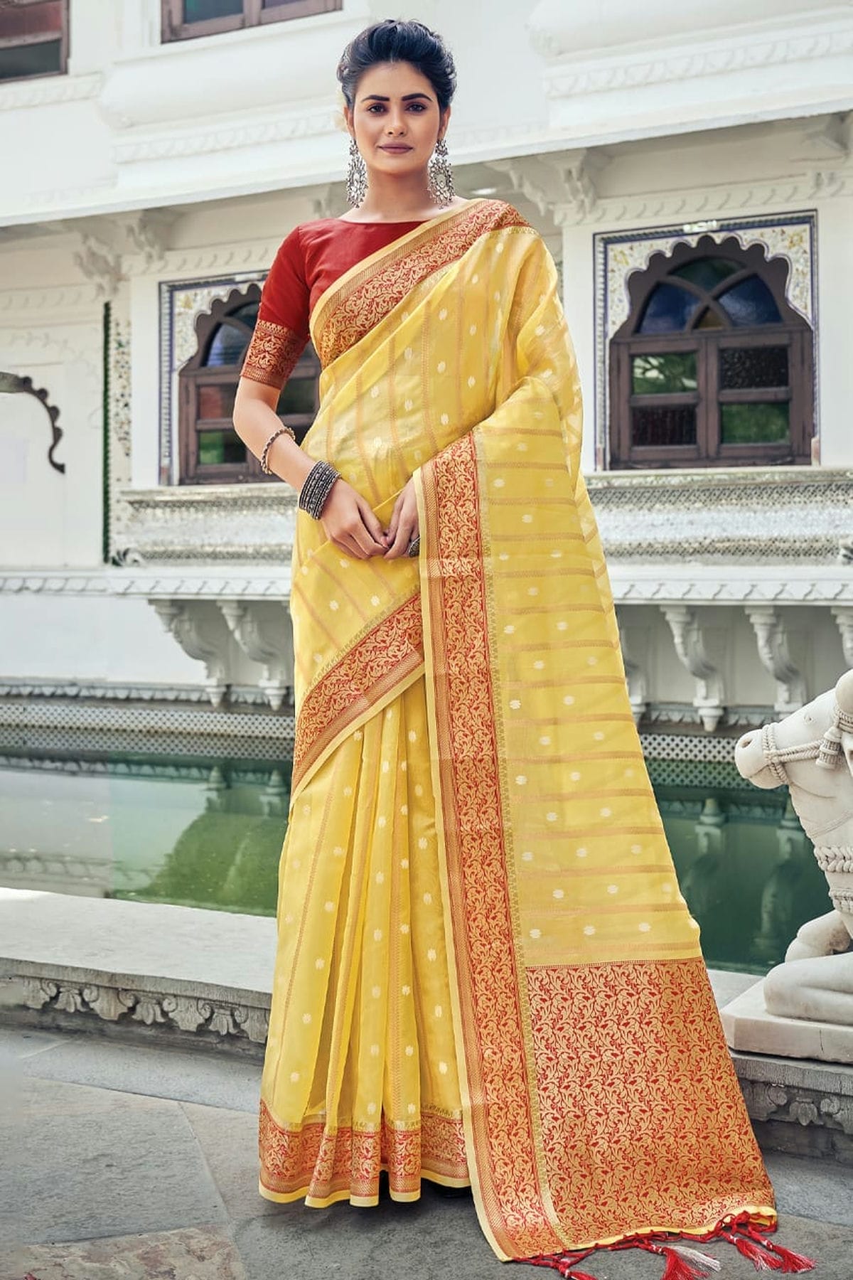 Yellow Colour Woven Work Organza Saree