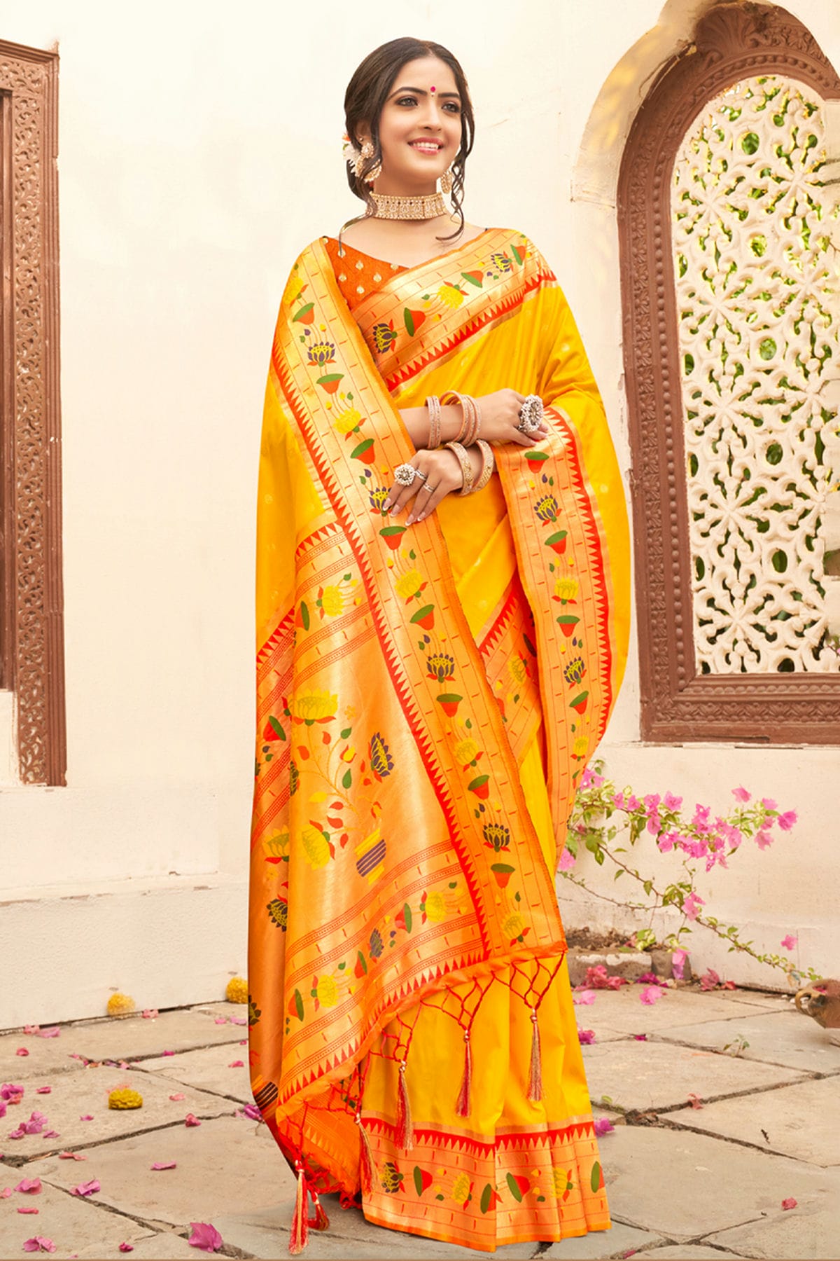 Yellow Colour Woven Work Paithani Silk Saree