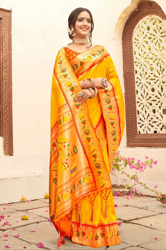 Yellow Colour Woven Work Paithani Silk Saree