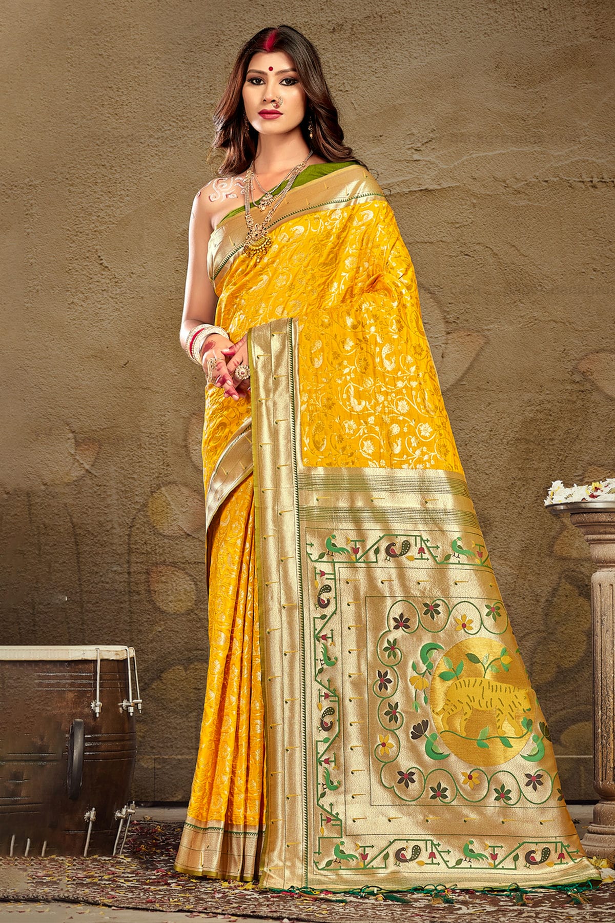 Yellow Colour Woven Work Paithani Silk Saree