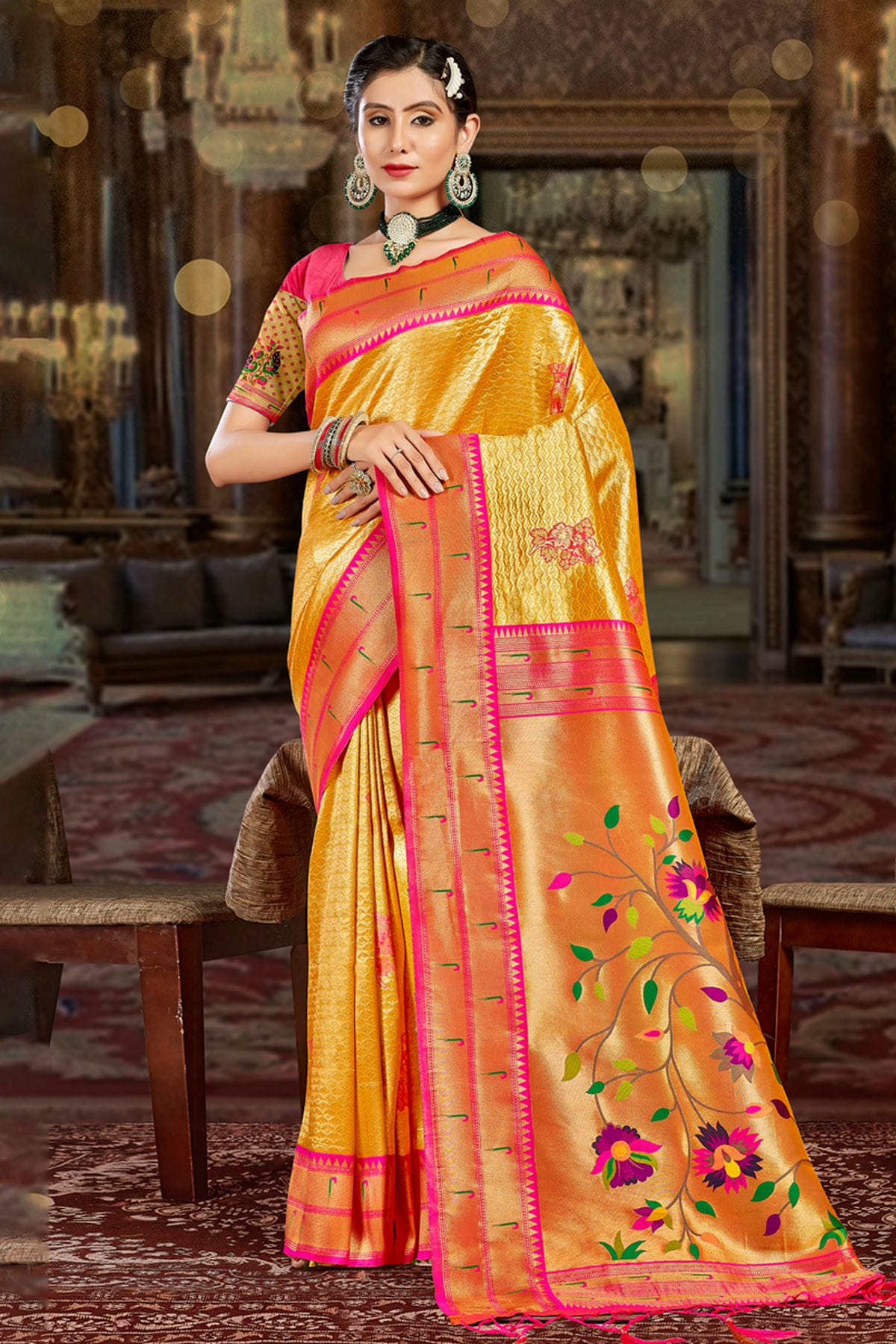 Yellow Colour Woven Work Paithani Silk Saree