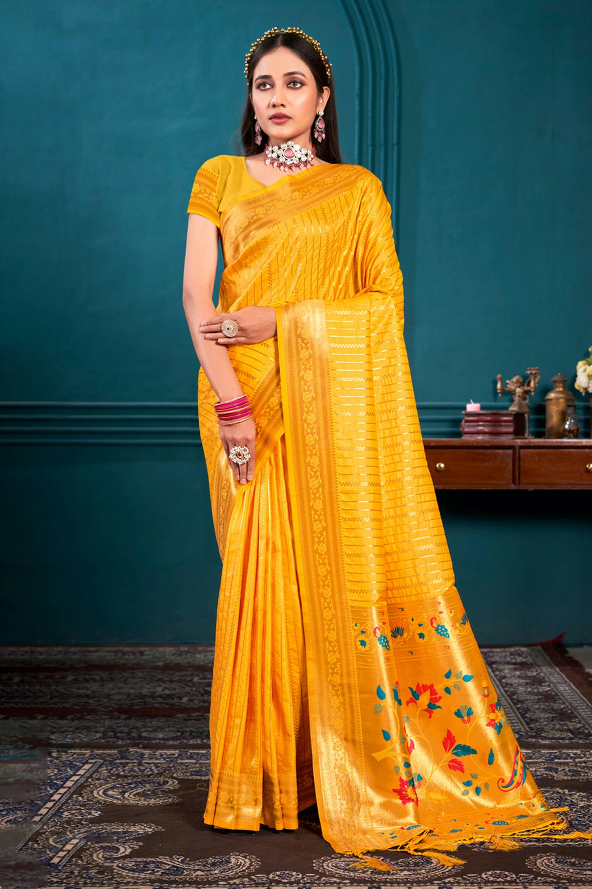 Yellow Colour Woven Work Paithani Silk Saree