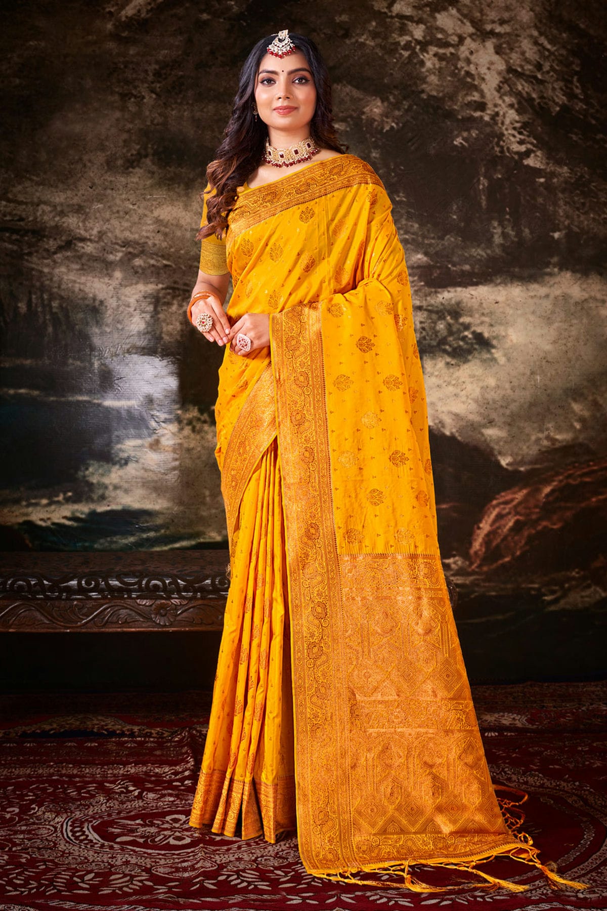 Yellow Colour Woven Work Silk Saree