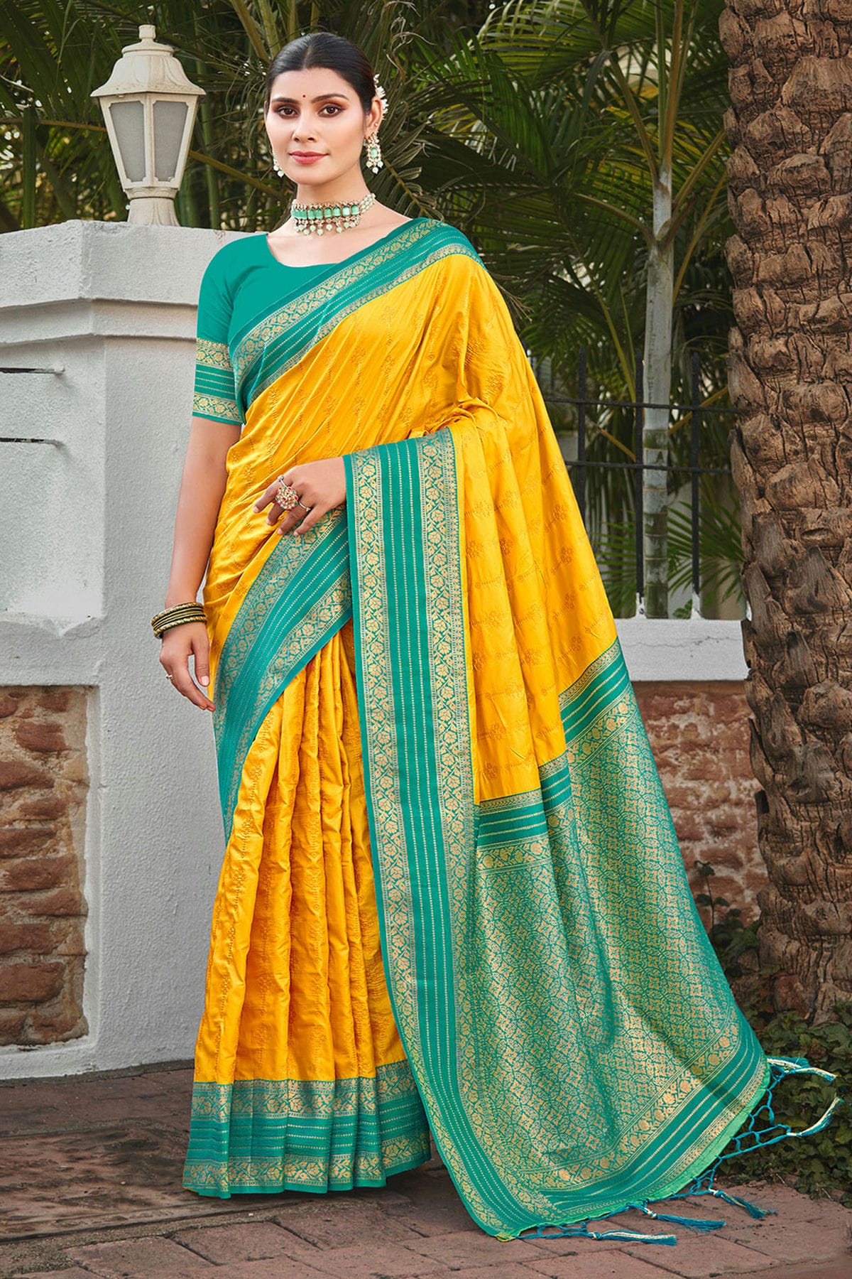 Yellow Colour Woven Work Silk Saree