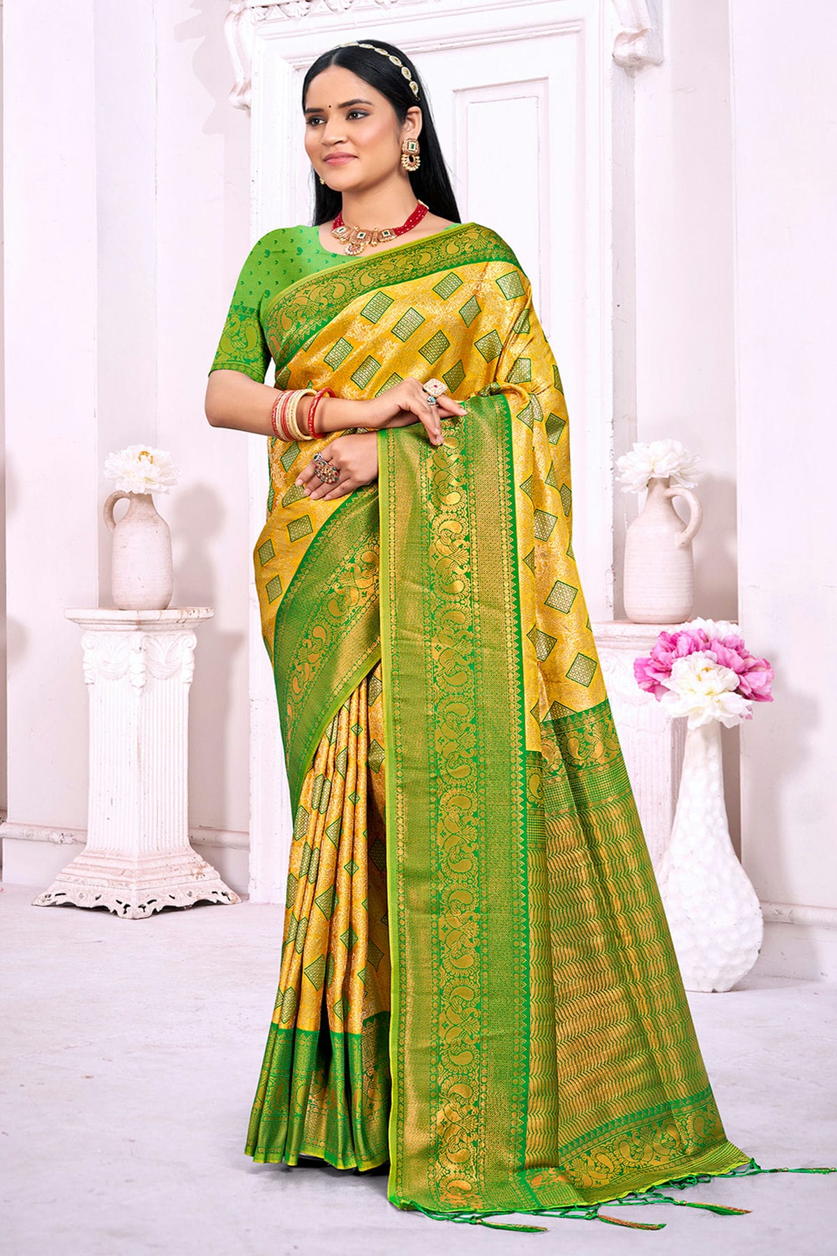 Yellow Colour Woven Work Silk Saree