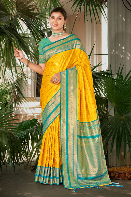 Yellow Colour Woven Work Silk Saree